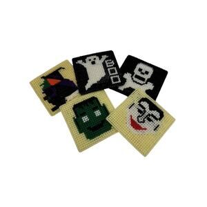 Halloween Goblin Plastic Canvas 5 Coasters Witch Ghost Frankenstein Dracula